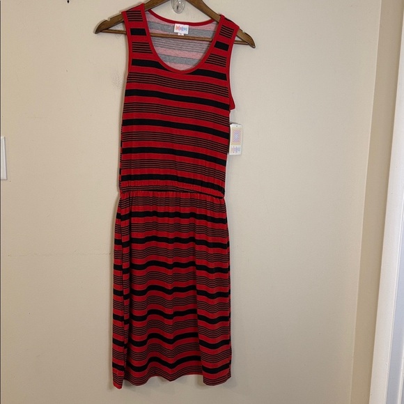 LuLaRoe Summer Red & Black Striped midi tank dress elastic waist with pleats SM - Picture 1 of 10